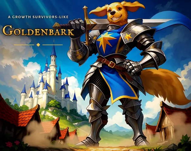 Goldenbark cover: an armoured golden retriever before a castle