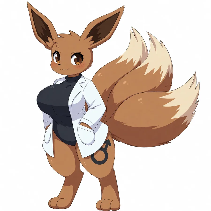 kyxsoon, a brown three-tailed fox in a lab coat